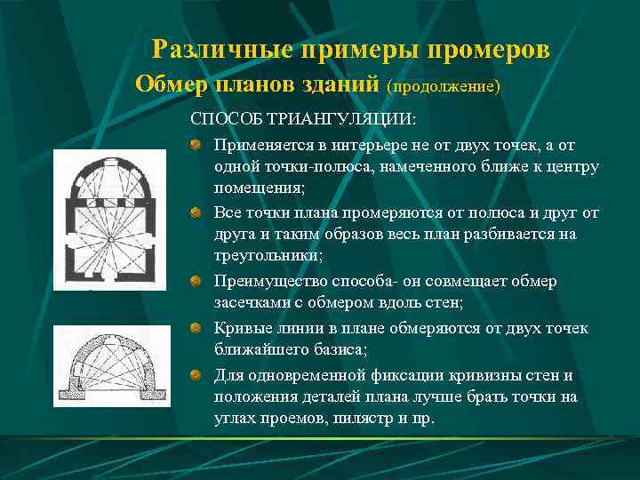  Различные примеры промеров Обмер планов зданий (продолжение) СПОСОБ ТРИАНГУЛЯЦИИ:   Применяется в
