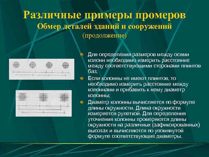 Различные примеры промеров  Обмер деталей зданий и сооружений   (продолжение)  