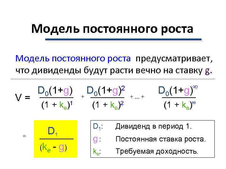  Модель постоянного роста предусматривает, что дивиденды будут расти вечно на ставку g. 
