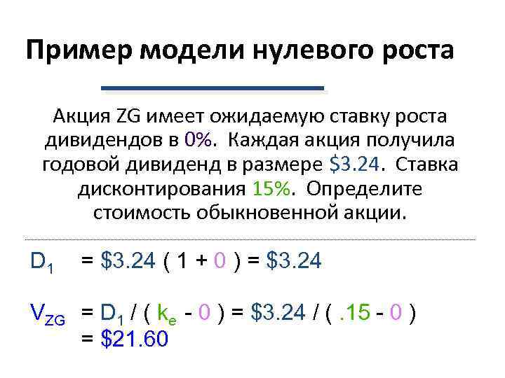 Пример модели нулевого роста  Акция ZG имеет ожидаемую ставку роста дивидендов в 0%.