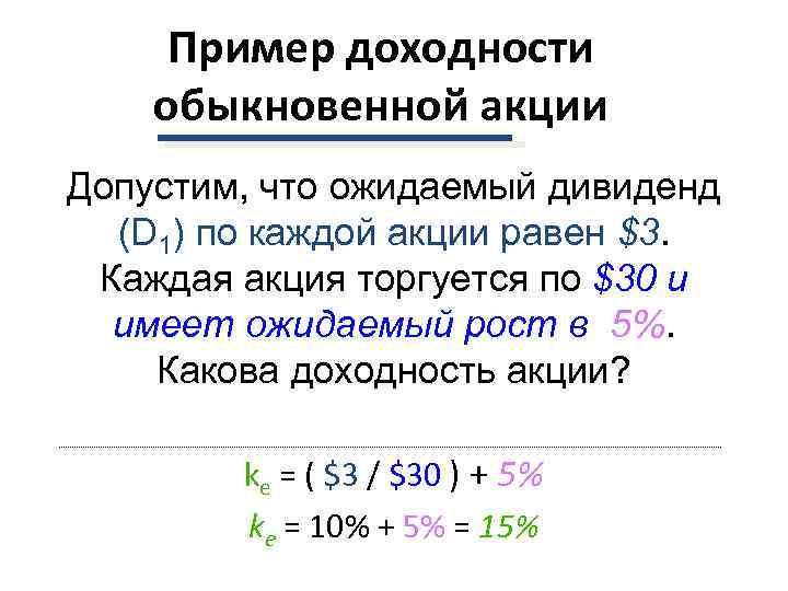  Пример доходности обыкновенной акции Допустим, что ожидаемый дивиденд  (D 1) по каждой