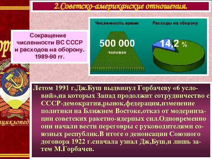   2. Советско-американские отношения.   Сокращение численности ВС СССР и расходов на