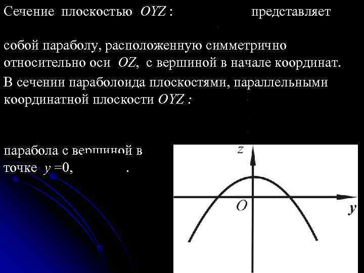 Сечение плоскостью OYZ :    представляет  собой параболу, расположенную симметрично относительно