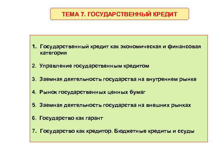 ТЕМА 7. ГОСУДАРСТВЕННЫЙ КРЕДИТ 1. Государственный кредит как экономическая и финансовая ТЕМА 7. ГОСУДАРСТВЕННЫЙ КРЕДИТ 1. Государственный кредит как экономическая и финансовая