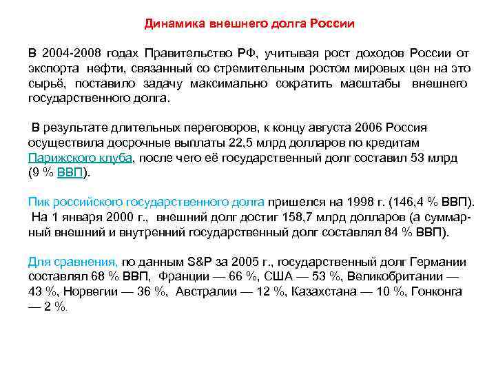 Динамика внешнего долга России В 2004 2008 годах Правительство РФ, Динамика внешнего долга России В 2004 2008 годах Правительство РФ,