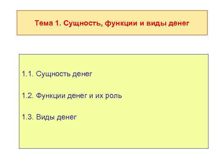   Тема 1. Сущность, функции и виды денег 1. 1. Сущность денег 1.