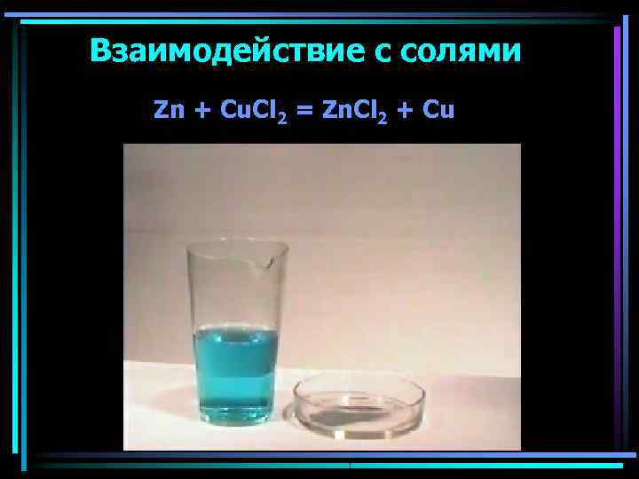 Взаимодействие с солями  Zn + Cu. Cl 2 = Zn. Cl 2 +