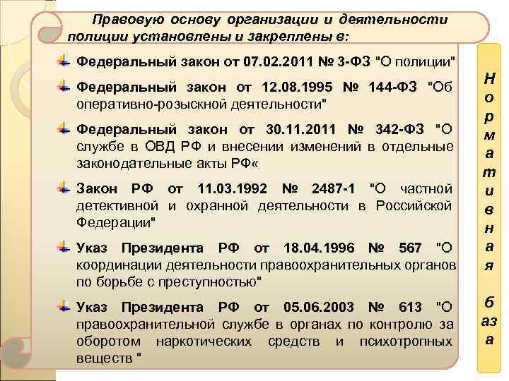  Правовую основу организации и деятельности полиции установлены и закреплены в:  Федеральный закон