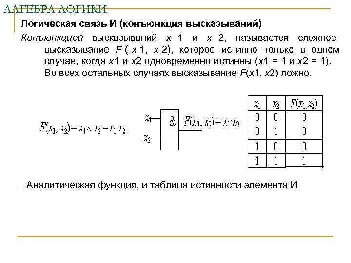 АЛГЕБРА ЛОГИКИ  Логическая связь И (конъюнкция высказываний)  Конъюнкцией высказываний х 1 и