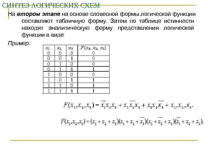 СИНТЕЗ ЛОГИЧЕСКИХ СХЕМ На втором этапе на основе словесной формы логической функции составляют табличную