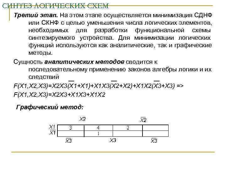 СИНТЕЗ ЛОГИЧЕСКИХ СХЕМ  Третий этап. На этом этапе осуществляется минимизация СДНФ  или