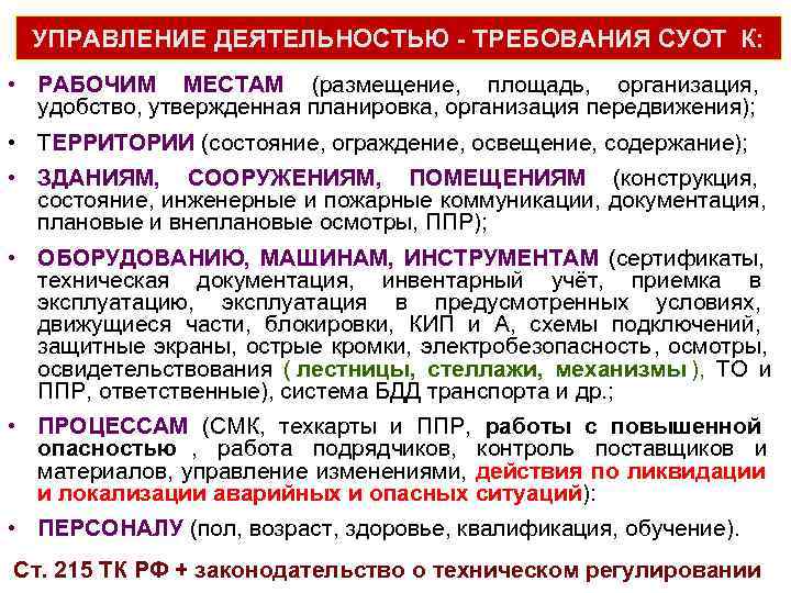  УПРАВЛЕНИЕ ДЕЯТЕЛЬНОСТЬЮ - ТРЕБОВАНИЯ СУОТ К:  • РАБОЧИМ МЕСТАМ (размещение,  площадь,