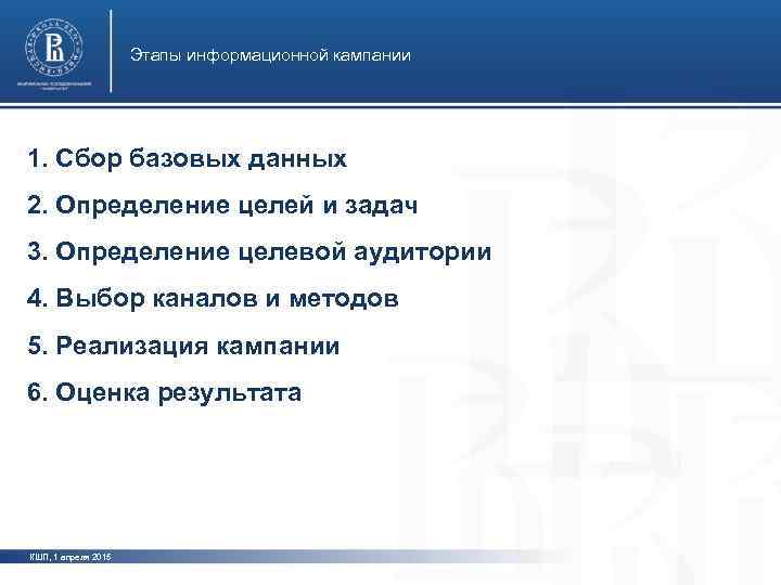      Этапы информационной кампании 1. Сбор базовых данных 2. Определение