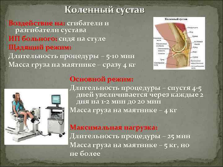    Коленный сустав Воздействие на: сгибатели и разгибатели сустава ИП больного: