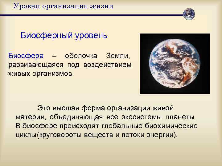  Уровни организации жизни Биосферный уровень Биосфера – оболочка Земли, развивающаяся под воздействием живых