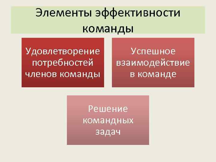  Элементы эффективности   команды Удовлетворение Успешное потребностей  взаимодействие членов команды в