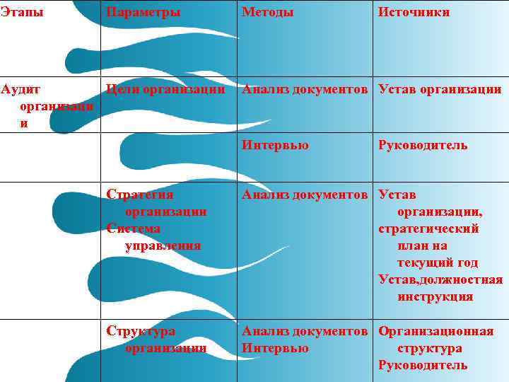 Этапы  Параметры   Методы  Источники Аудит  Цели организации  Анализ