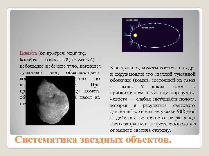 Коме та (от др. -греч. κομήτης, komḗtēs — волосатый, косматый) — небольшое небесное Коме та (от др. -греч. κομήτης, komḗtēs — волосатый, косматый) — небольшое небесное