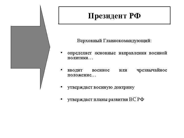    Президент РФ  Верховный Главнокомандующий:  • определяет основные направления военной
