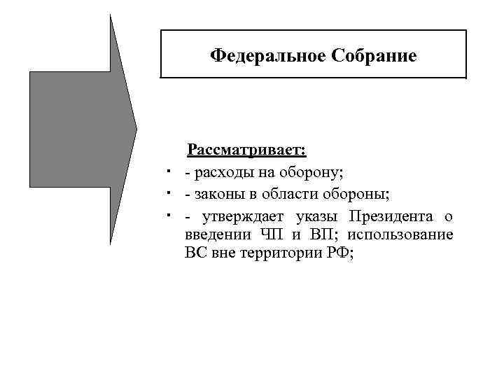  Федеральное Собрание Рассматривает:  - расходы на оборону;  - законы в области