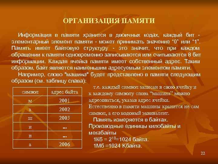     ОРГАНИЗАЦИЯ ПАМЯТИ  Информация в памяти хранится в двоичных кодах,