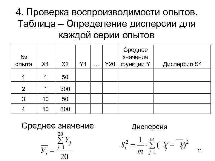 4. Проверка воспроизводимости опытов. Таблица – Определение дисперсии для  каждой серии опытов 