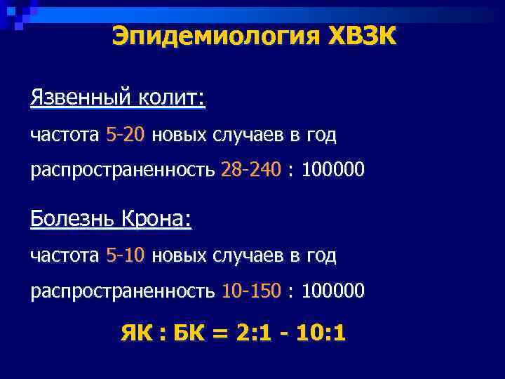   Эпидемиология ХВЗК Язвенный колит: частота 5 -20 новых случаев в год распространенность