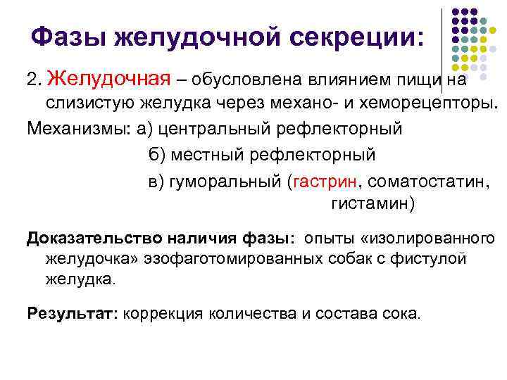 Фазы желудочной секреции: 2. Желудочная – обусловлена влиянием пищи на  слизистую желудка через