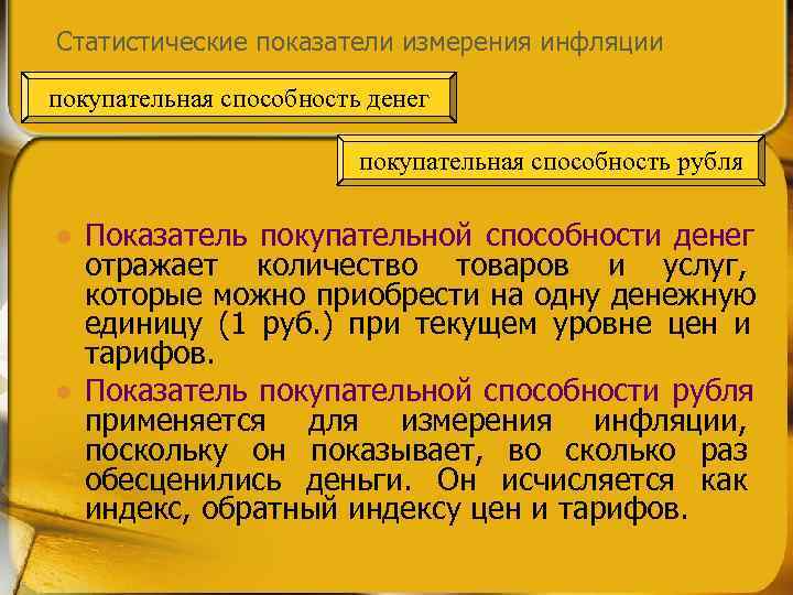 Статистические показатели измерения инфляции покупательная способность денег      покупательная способность