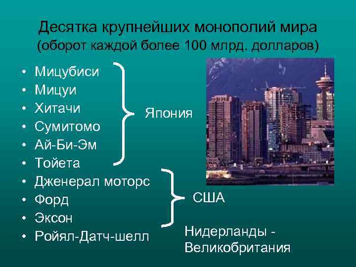  Десятка крупнейших монополий мира (оборот каждой более 100 млрд. долларов) • 