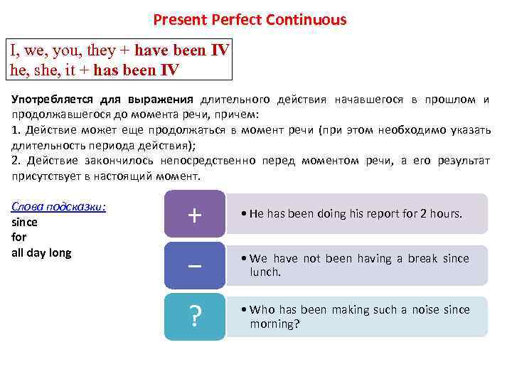      Present Perfect Continuous I, we, you, they + have