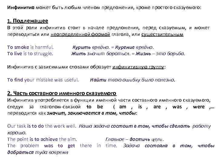 Инфинитив может быть любым членом предложения, кроме простого сказуемого: 1. Подлежащее В этой роли