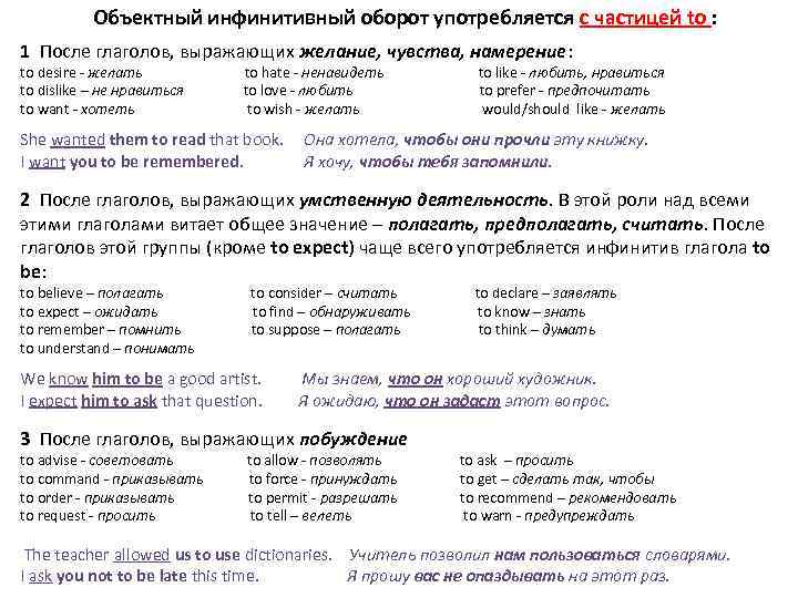    Объектный инфинитивный оборот употребляется с частицей to : 1 После глаголов,