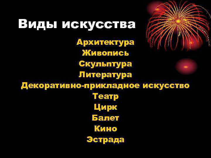 Виды искусства  Архитектура  Живопись  Скульптура  Литература Декоративно-прикладное искусство  