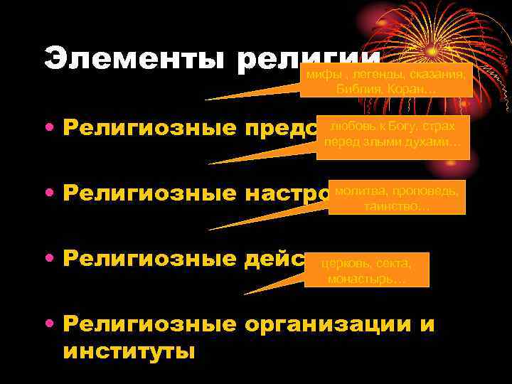 Элементы религии сказания,   мифы , легенды,     Библия, Коран…