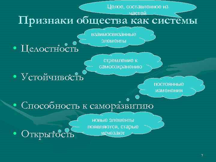     Целое, составленное из      частей Признаки