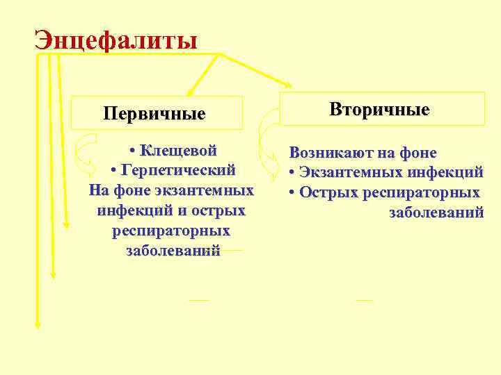Энцефалиты Первичные   Вторичные   • Клещевой  Возникают на фоне 