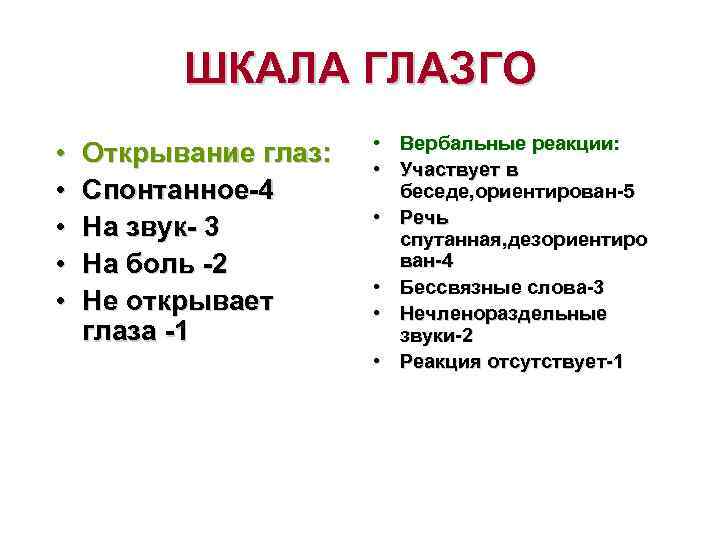    ШКАЛА ГЛАЗГО     • Вербальные реакции:  •