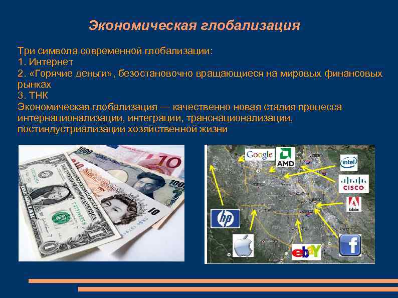    Экономическая глобализация Три символа современной глобализации: 1. Интернет 2.  «Горячие