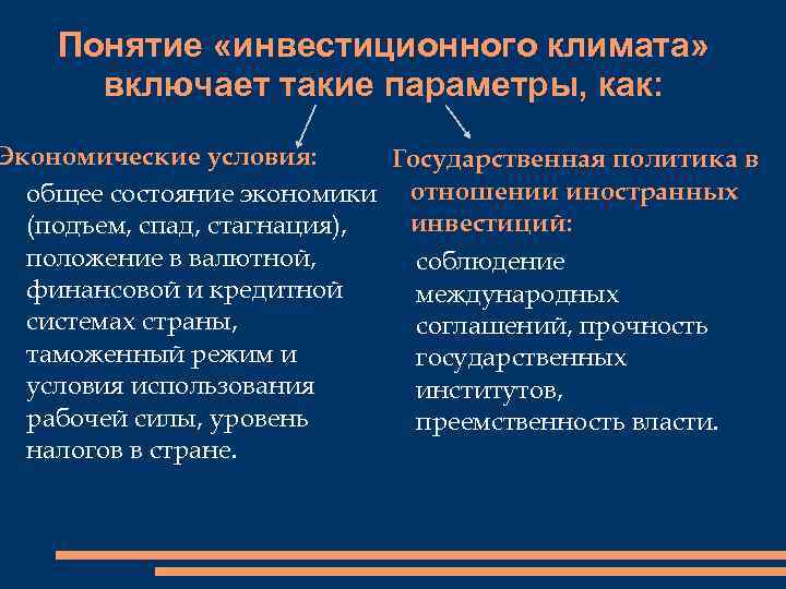   Понятие «инвестиционного климата»  включает такие параметры, как: Экономические условия:  Государственная
