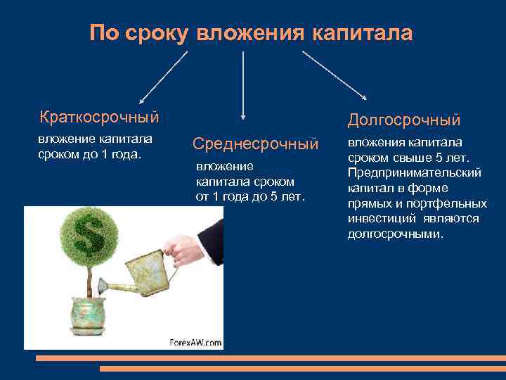   По сроку вложения капитала  Краткосрочный     Долгосрочный вложение