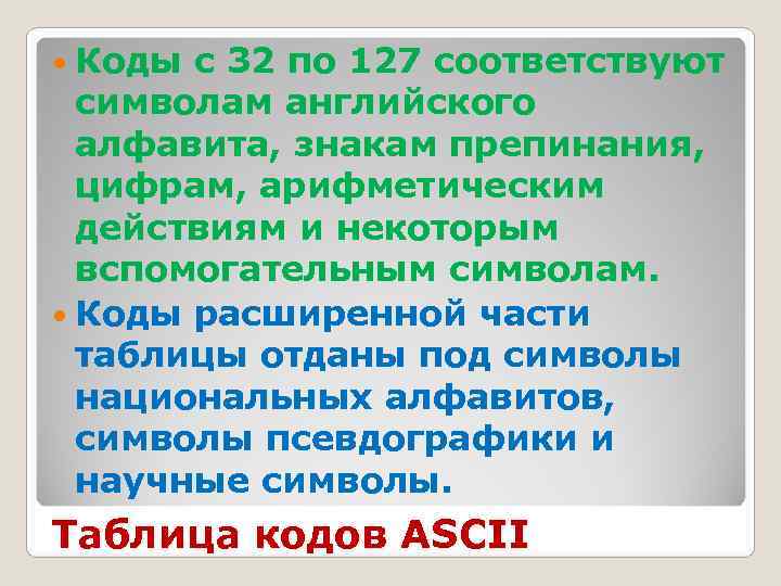  Коды с 32 по 127 соответствуют  символам английского  алфавита, знакам препинания,