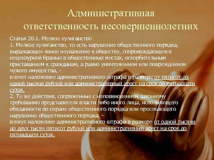    Административная ответственность несовершеннолетних Статья 20. 1. Мелкое хулиганство, то есть нарушение