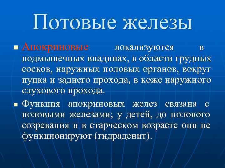  Потовые железы n  Апокриновые   локализуются  в подмышечных впадинах, в