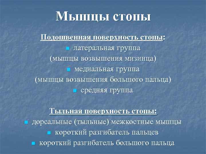    Мышцы стопы  Подошвенная поверхность стопы:   n латеральная группа