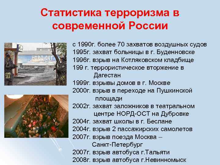 Статистика терроризма в  современной России с 1990 г. более 70 захватов воздушных судов