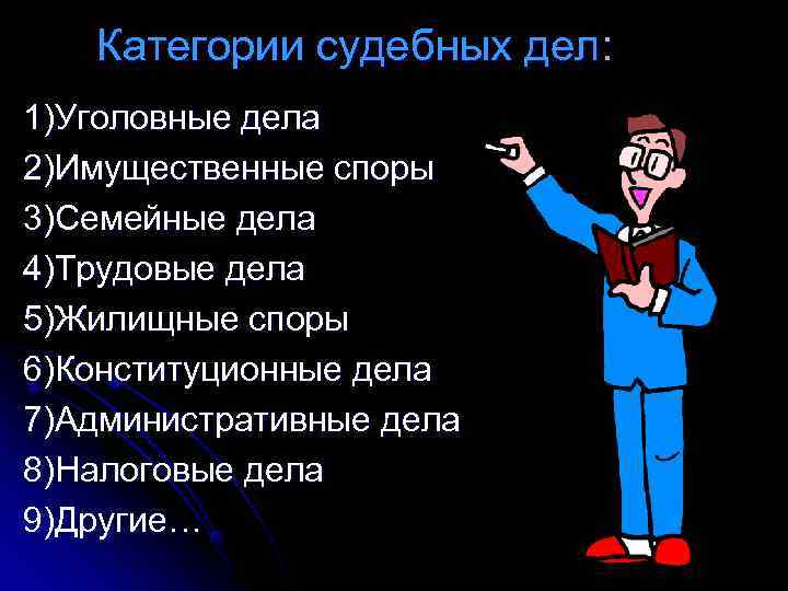   Категории судебных дел: 1)Уголовные дела 2)Имущественные споры 3)Семейные дела 4)Трудовые дела 5)Жилищные