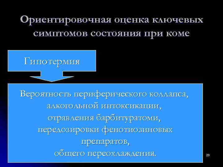 Ориентировочная оценка ключевых  симптомов состояния при коме Гипотермия Вероятность периферического коллапса,  алкогольной