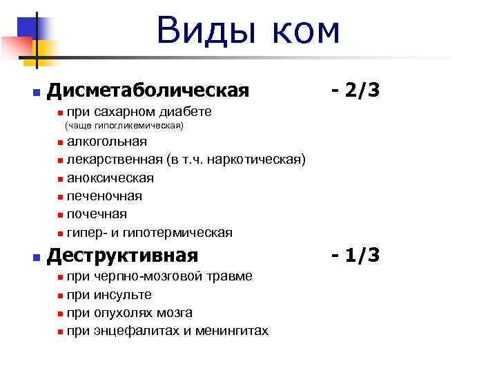      Виды ком n  Дисметаболическая    -