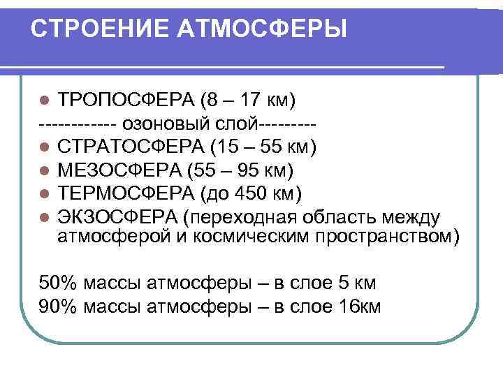 СТРОЕНИЕ АТМОСФЕРЫ  l ТРОПОСФЕРА (8 – 17 км) ------ озоновый слой----- l СТРАТОСФЕРА